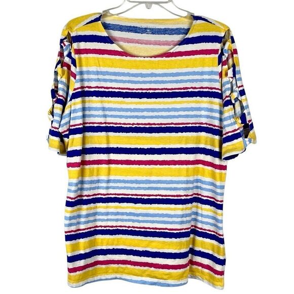 Kim Rogers Stripped Short Cutout Sleeve Tee Shirt XL - Picture 1 of 9